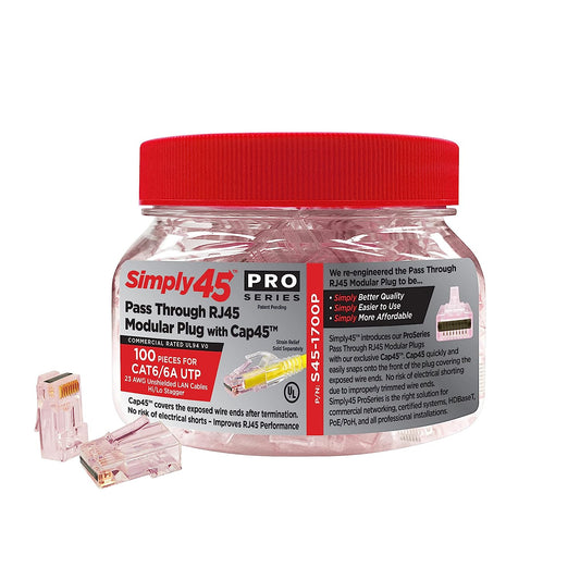 Simply45 ProSeries Unshielded Pass-Through RJ45 Modular Plugs with Cap45 for 23AWG Solid (Cat6/6a UTP) - Red Tint, Hi/Lo Stagger - 100-Pieces - S45-1700P