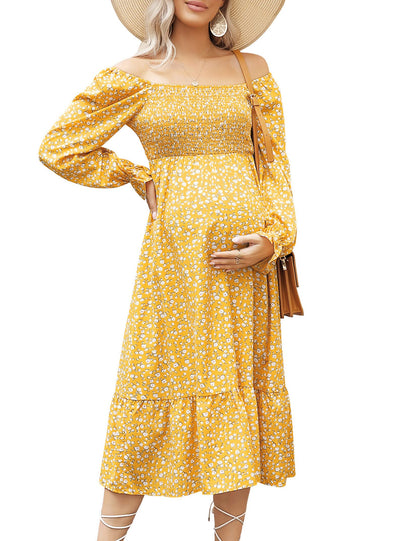 Women's Maternity Long Sleeve Square Neck Fall Ruffle Dress Smocked Casual Flowy Maxi Dress