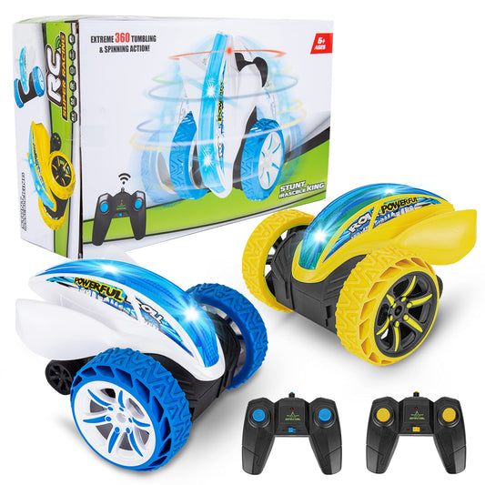 2 Pack Remote Control Car, RC Stunt Cars for Boys 8-12, 4WD 2.4Ghz Double Sided 360隆茫 Rotating RC Car for Kids with Led Lights & 4 Rechargeable Battery,Yellow+Blue