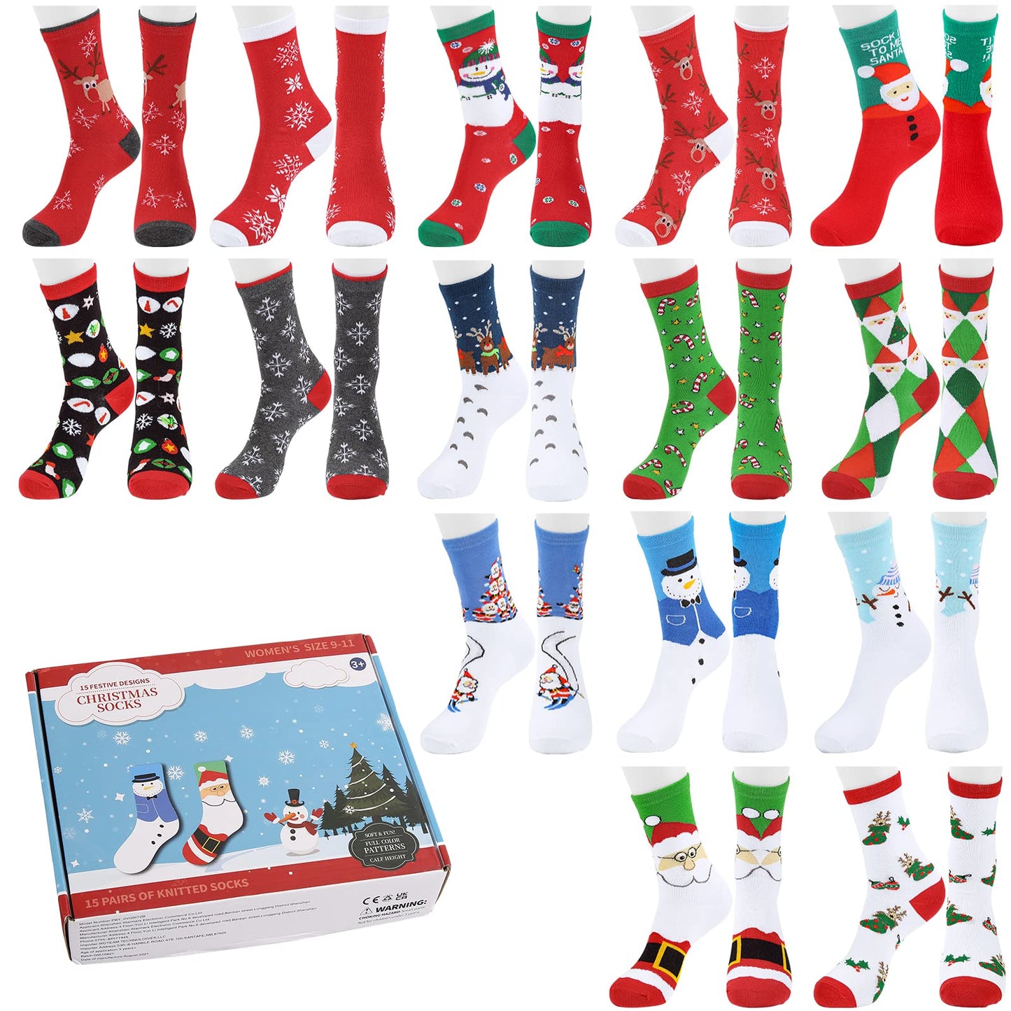 15 Pairs Crew Christmas Holiday Socks拢卢Cozy Funny Cotton Knit Xmas Soft Socks,Colorful Festive Design for Man Woman Girls Winter Novelty Christmas Gifts with Gift Box