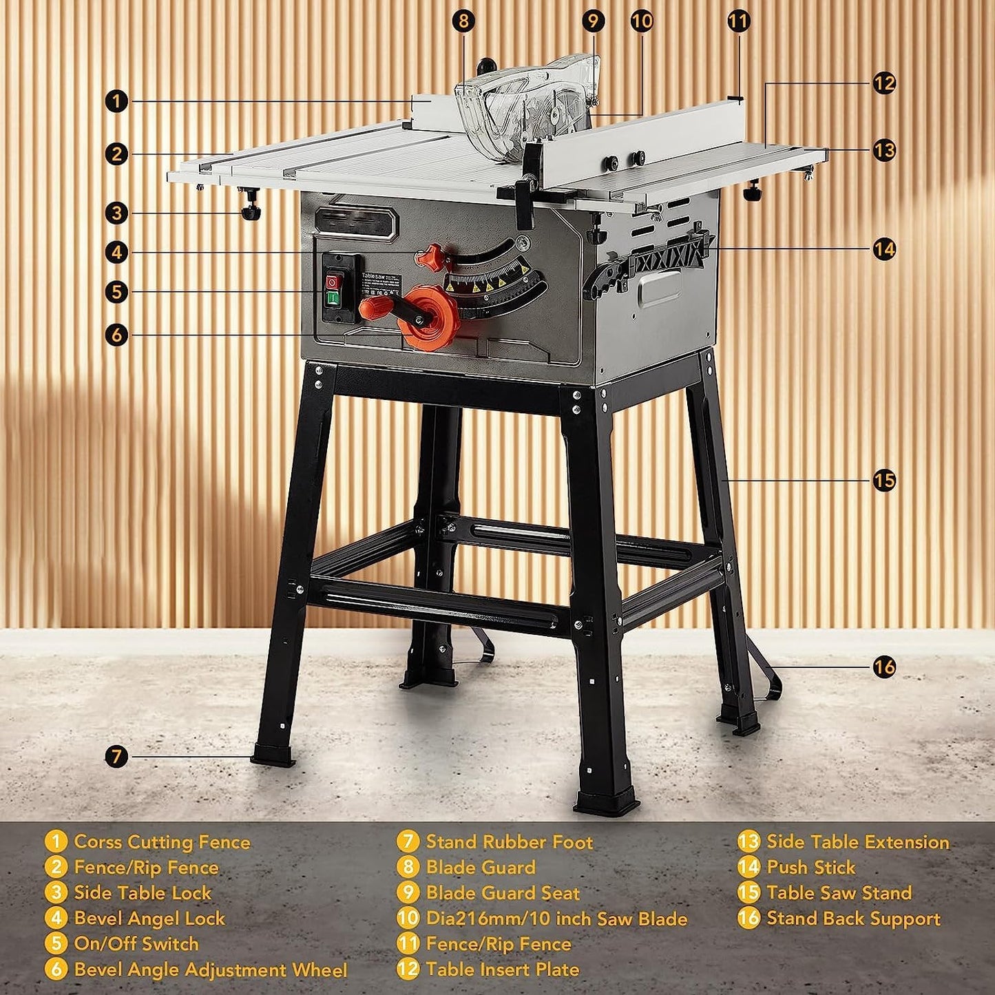 Garvee Table Saw 10 Inch 15A Multifunctional Saw with Stand & Push Stick 90° Cross Cut & 0-45° Bevel Cut 5000RPM