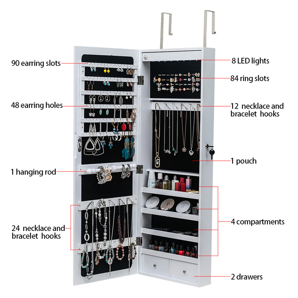 AMYOVE Wooden Jewelry Storage Mirror Cabinet Wall-Mounted Organizer - White