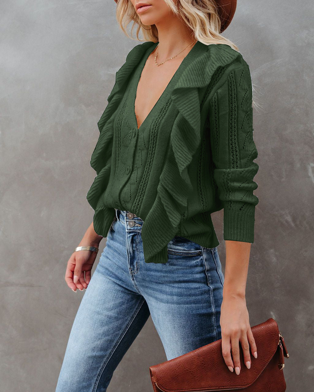 Women's V Neck Button Top Casual Long Sleeve Ruffle Sweater