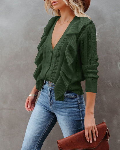 Women's V Neck Button Top Casual Long Sleeve Ruffle Sweater