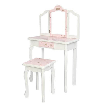 AMYOVE Children Dressing Table Set with Three-sided Folding Mirror Single Drawer Chair Pink