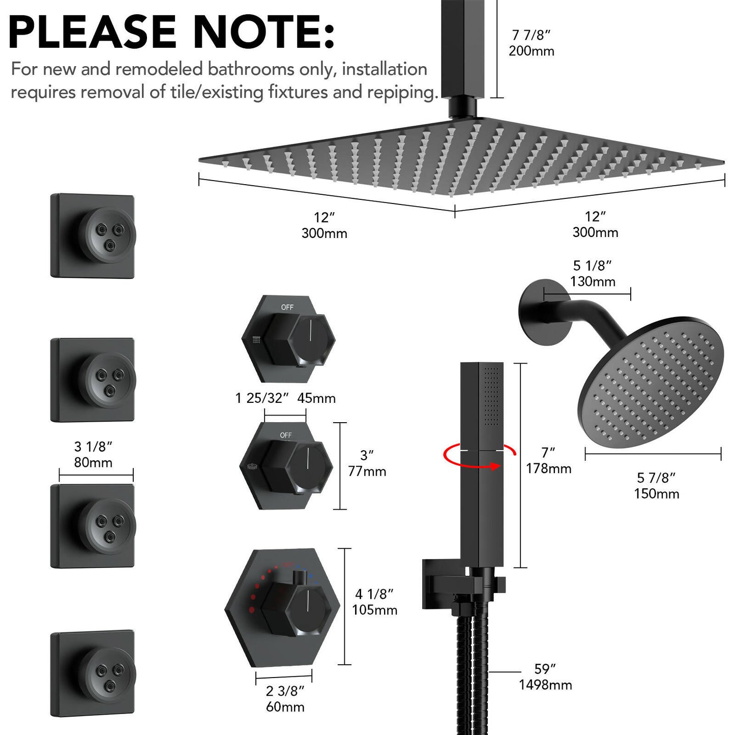 DualJet Spa 12" High-Pressure Rainfall Shower Faucet, Celling Mount, Rough in-Valve, 2.5 GPM