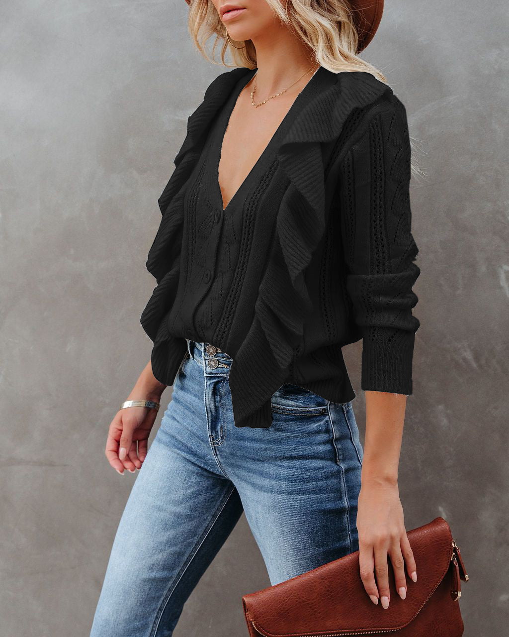 Women's V Neck Button Top Casual Long Sleeve Ruffle Sweater