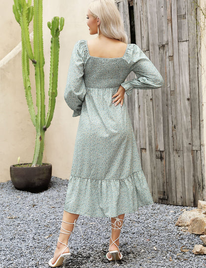 Women's Maternity Long Sleeve Square Neck Fall Ruffle Dress Smocked Casual Flowy Maxi Dress