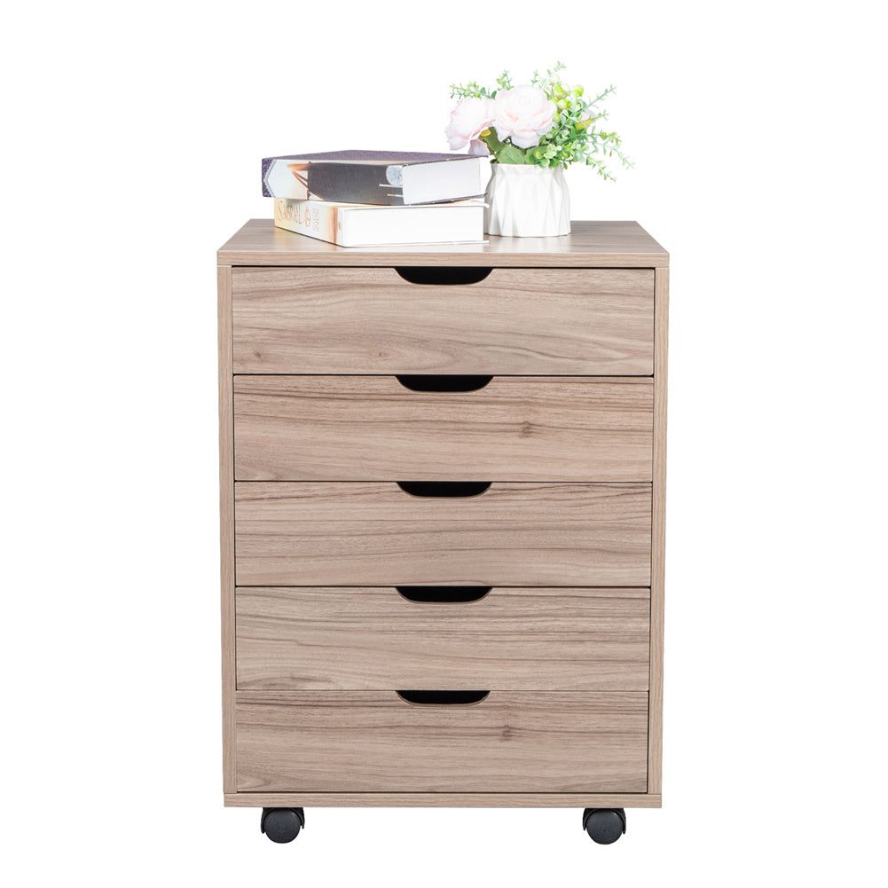 AMYOVE Wooden File Cabinet Five Drawers with 360 Degree Removable Wheels Coffee