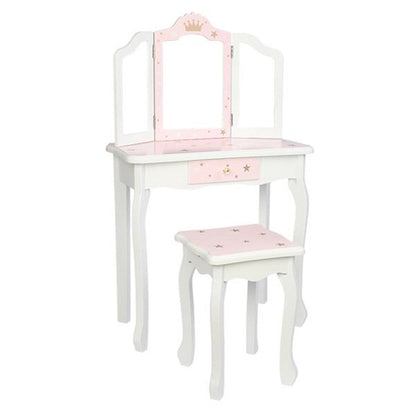 AMYOVE Children Dressing Table Set with Three-sided Folding Mirror Single Drawer Chair Pink