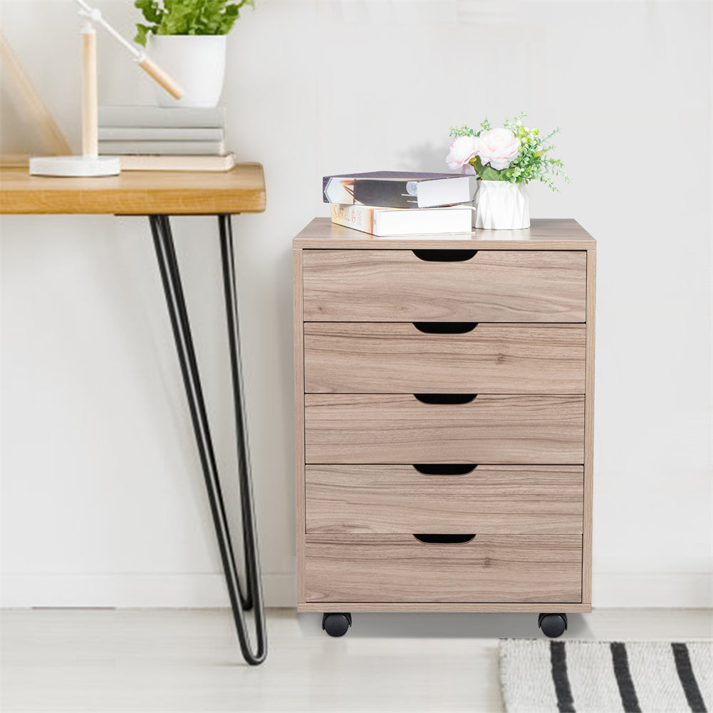 AMYOVE Wooden File Cabinet Five Drawers with 360 Degree Removable Wheels Coffee