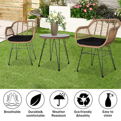 AMYOVE 3pcs Tempered Glass Table Chair Three-Piece Set Handwoven Wicker Rattan