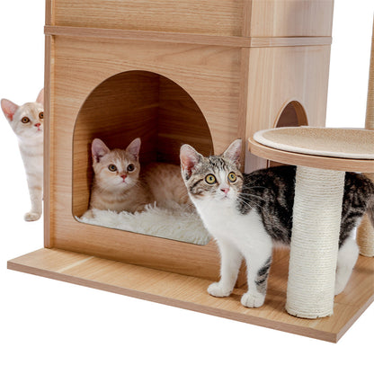 BEESCLOVER Wooden Cat Tree Multi-level Cat Climbing Tower Beige