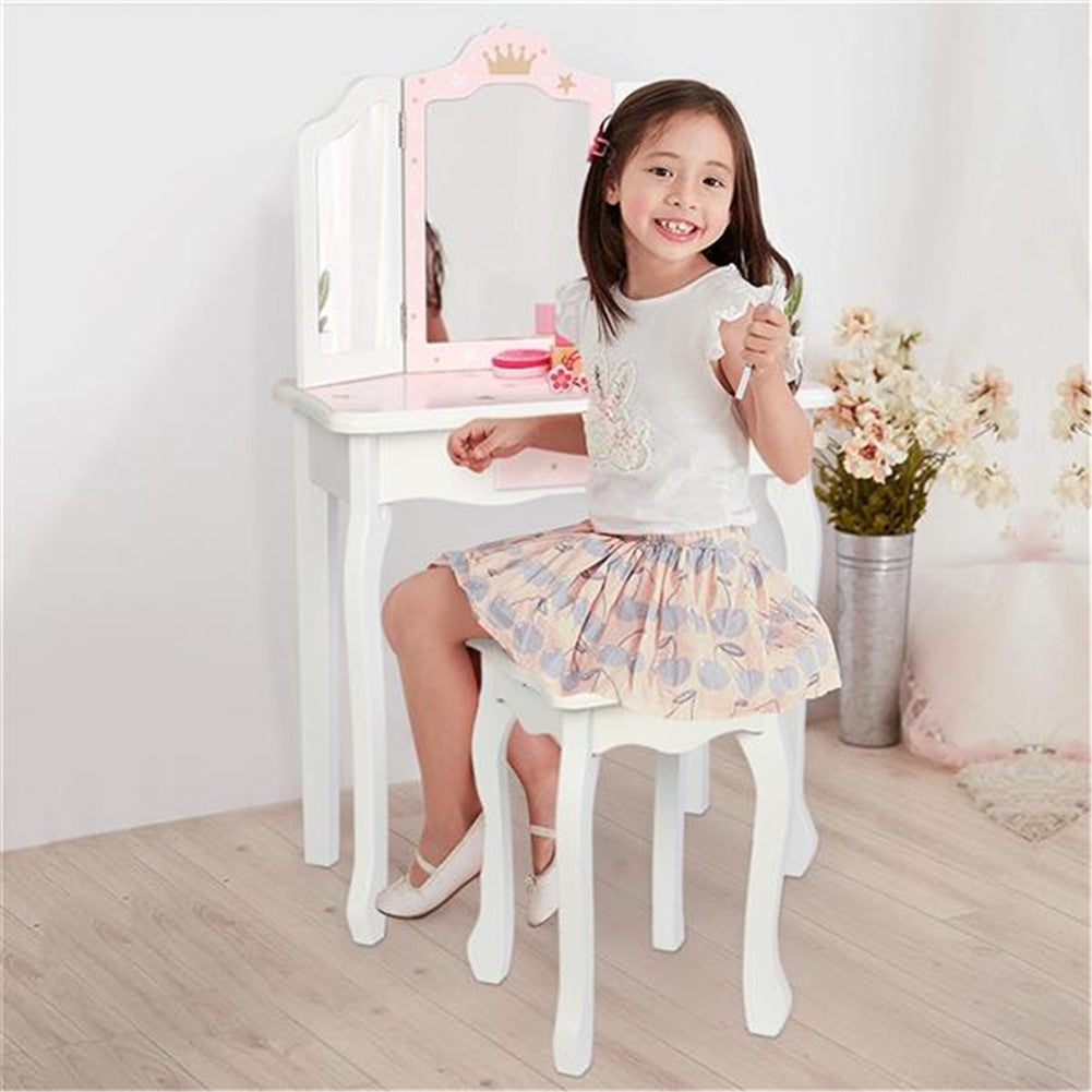 AMYOVE Children Dressing Table Set with Three-sided Folding Mirror Single Drawer Chair Pink