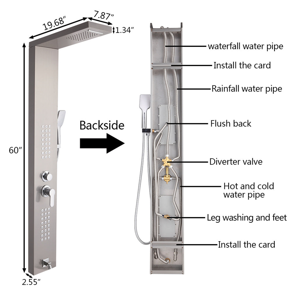 RONSHIN 1.5m Shower Screen Five Water Outlet Modes Stainless Steel Silver