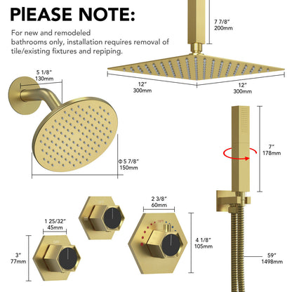 DualCascade Dual 12" High-Pressure Rainfall Shower Faucet with Handheld Spray, Celling Mount, Rough in-Valve