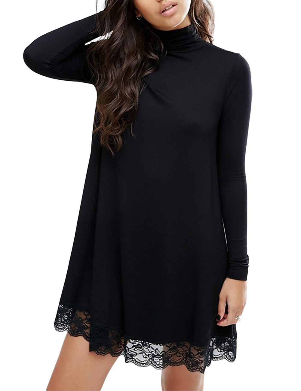 YESFASHION Women's Long Sleeve Knit Turtleneck Lace Cotton Casual Dress Black