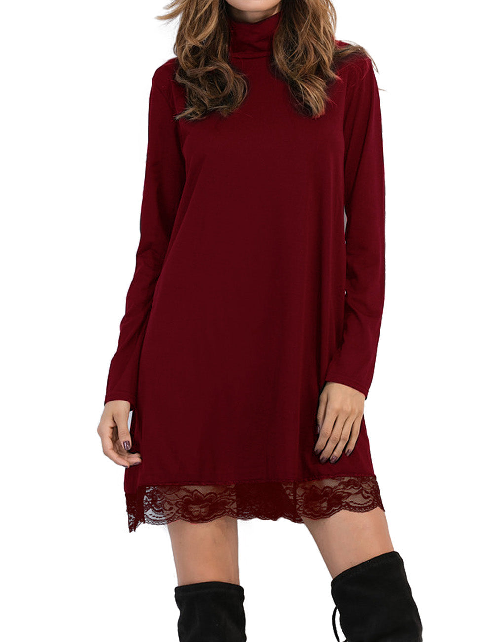 YESFASHION Women's Long Sleeve Knit Turtleneck Lace Cotton Casual Dress