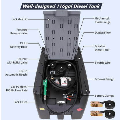 GARVEE 116 Gallon Diesel Transfer Tank Portable Fuel Tank with 12V Electric Fuel Transfer Pump Black