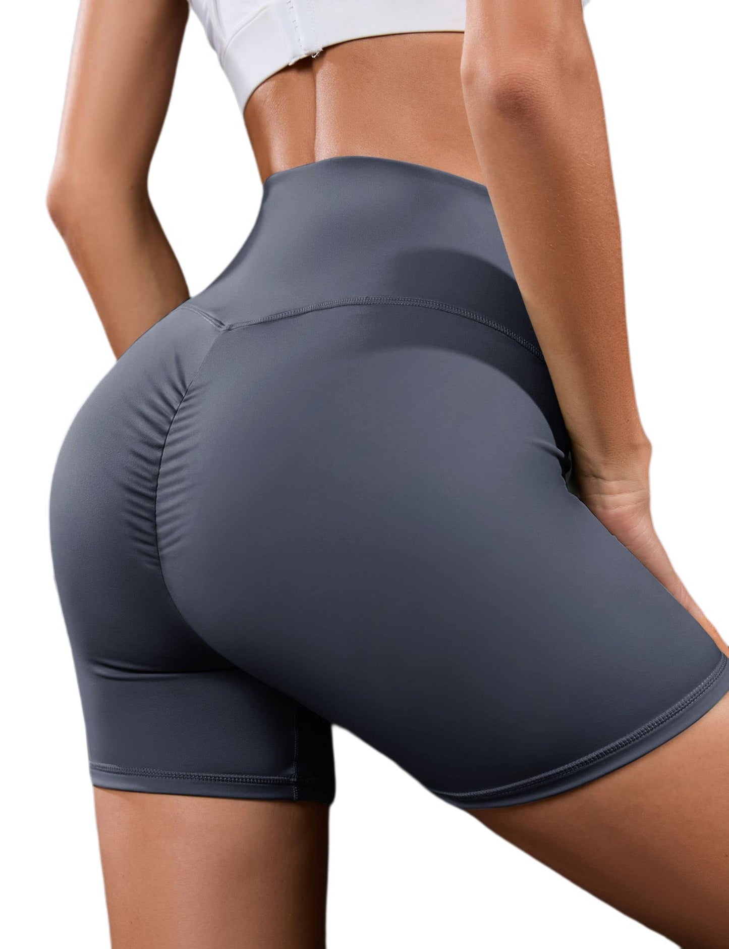 YESFASHION Women's Ruched Hip Lifting Tummy Yoga Shorts Grey