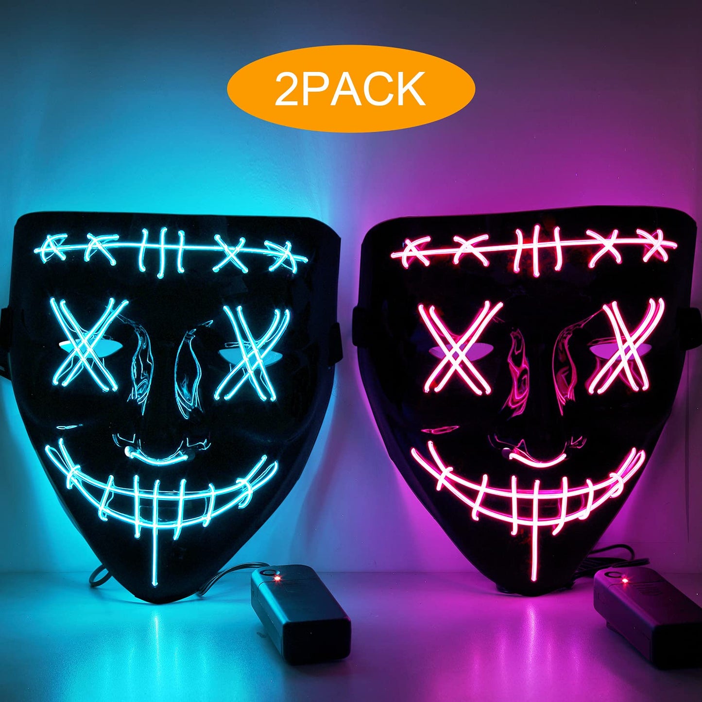 WHIZMAX Halloween 2pcs LED Mask Scary Mask Blue Pink