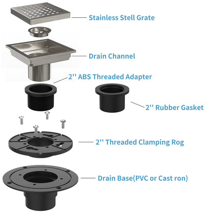 GARVEE 4 Inch Square Shower Floor Drain Brushed Nickel High Flow Shower Drain Kit with Flange Removable Grid Cover and Hair Filter