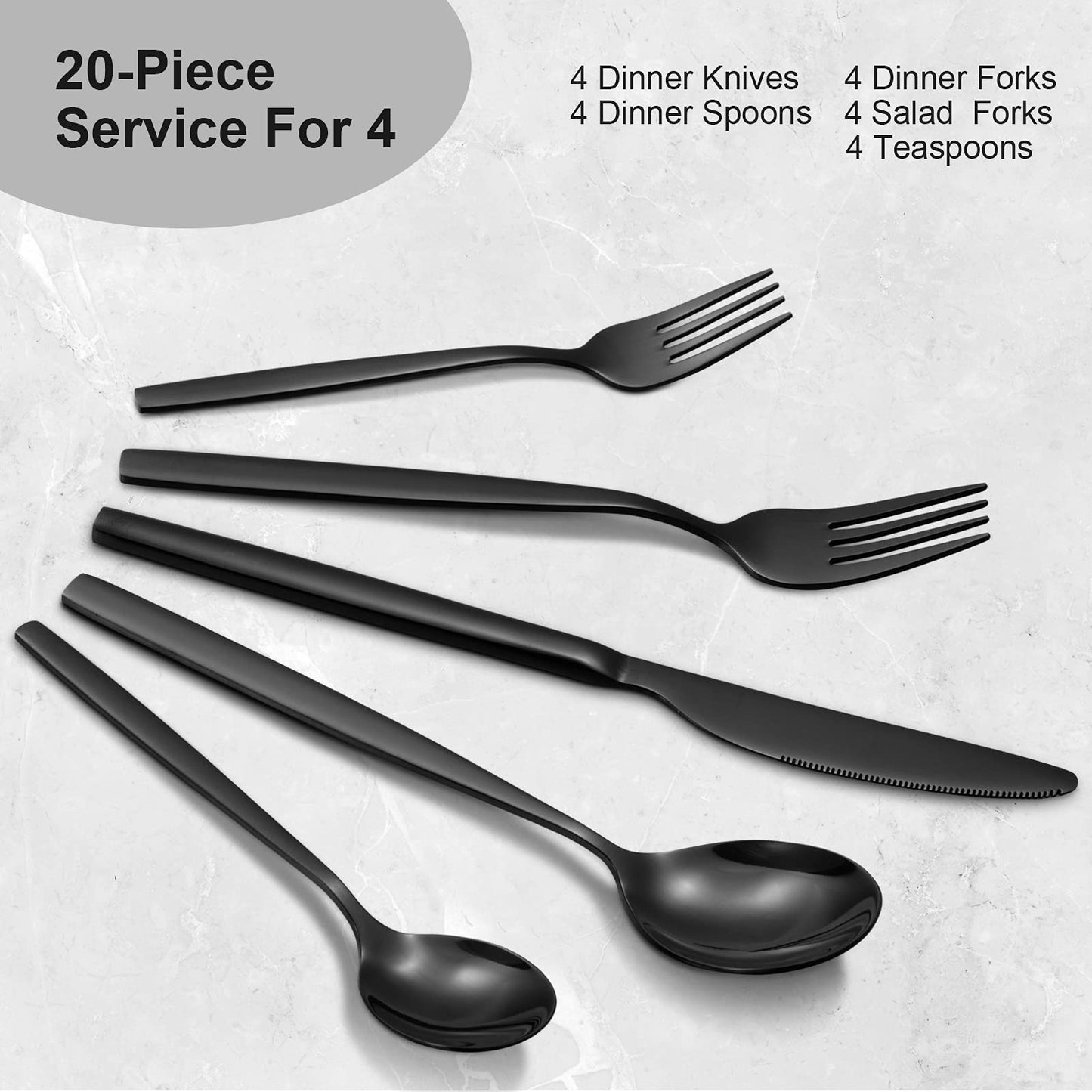GARVEE 20 Piece Stainless Steel Kitchen Flatware Set - Black