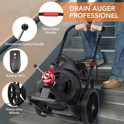 GARVEE 100Ft x 1/2 Inch Drain Cleaner Machine 6.8A Professional Auto-feed Electric Drain Auger For 1 To 4 Inch Pipes