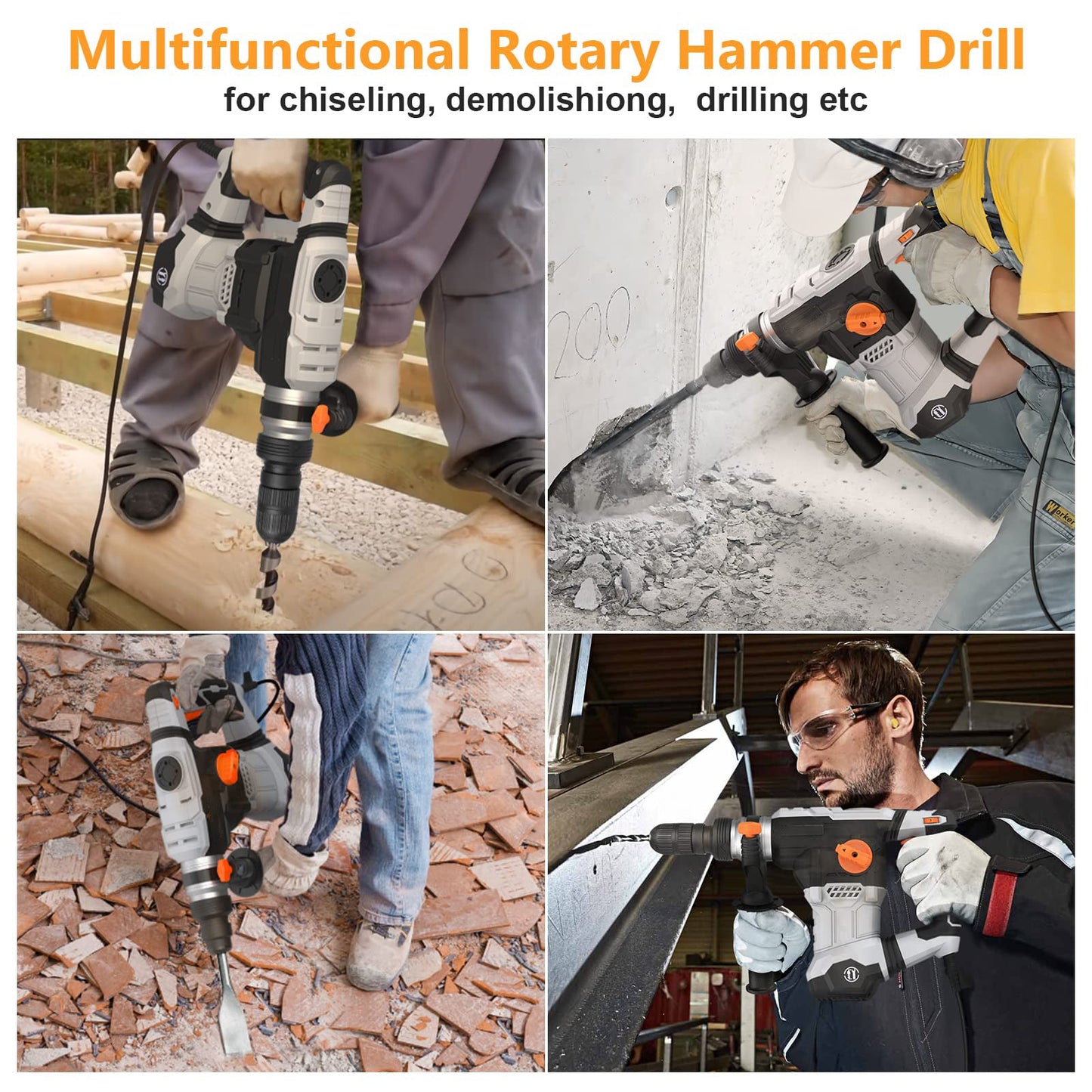 GARVEE 12.5 Amp Rotary Hammer Drill 1-1/4 Inch SDS-Plus 4 In 1 Multi-functional Heavy Duty Hammer Drill