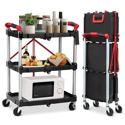 GARVEE Portable Folding Service Cart 3 Tier Folding Utility Cart 56 Lbs Load Capacity per Shelf