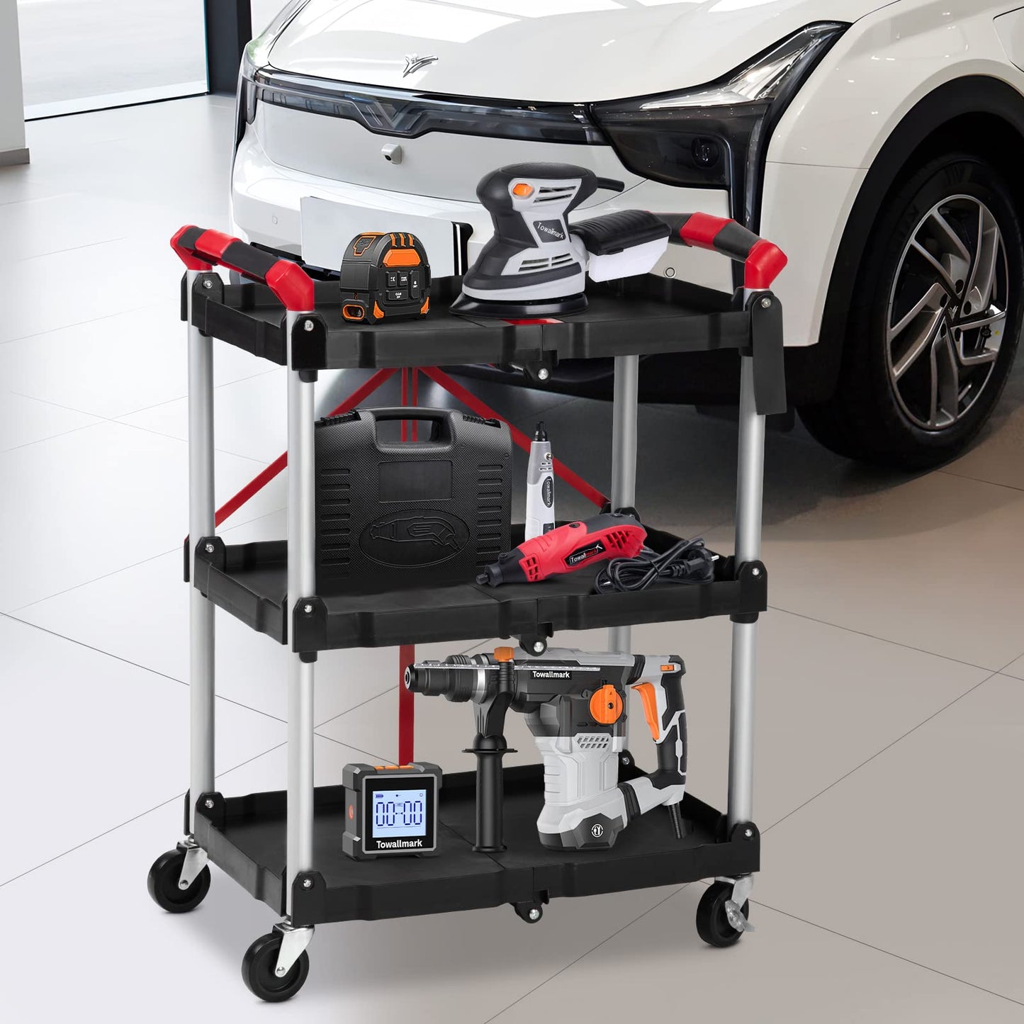 GARVEE Portable Folding Service Cart 3 Tier Folding Utility Cart 56 Lbs Load Capacity per Shelf