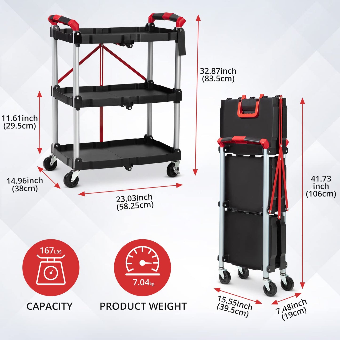 GARVEE Portable Folding Service Cart 3 Tier Folding Utility Cart 56 Lbs Load Capacity per Shelf