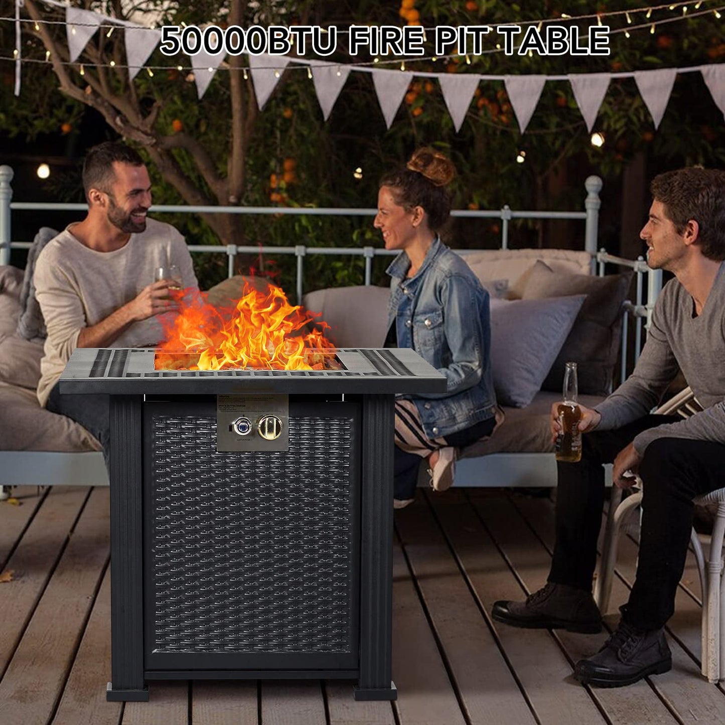GARVEE 28 Inch Propane Fire Pit Table 50000BTU Rectangle Fire Table With Cover