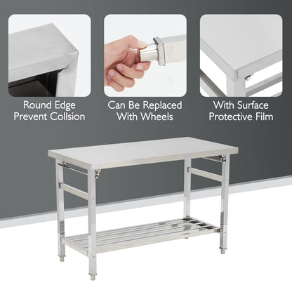 GARVEE Stainless Steel Prep Table 48 x 24 Inch NSF Commercial Heavy Duty Stainless Steel Work Folding Table