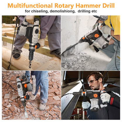 TOWALLMARK 12.5 Amp Rotary Hammer Drill 1-1/4 Inch SDS-Plus 4 In 1 Multi-functional Heavy Duty Hammer Drill