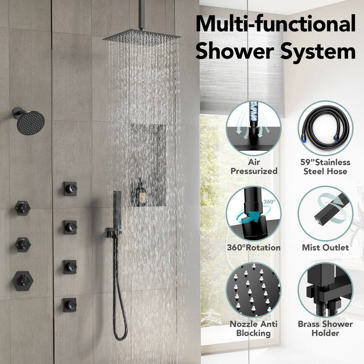 DualJet Spa 12" High-Pressure Rainfall Shower Faucet, Celling Mount, Rough in-Valve, 2.5 GPM