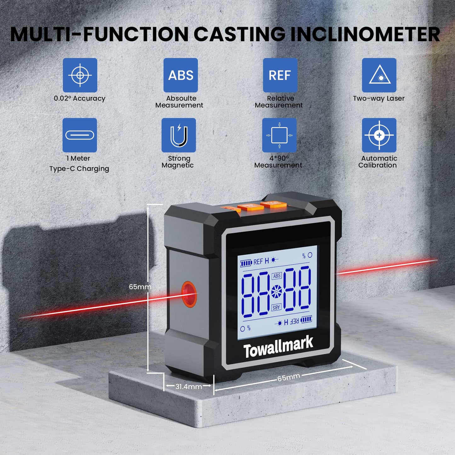 TOWALLMARK Digital Angle Finder 3 In 1 Digital Level Box Protractor Inclinometer