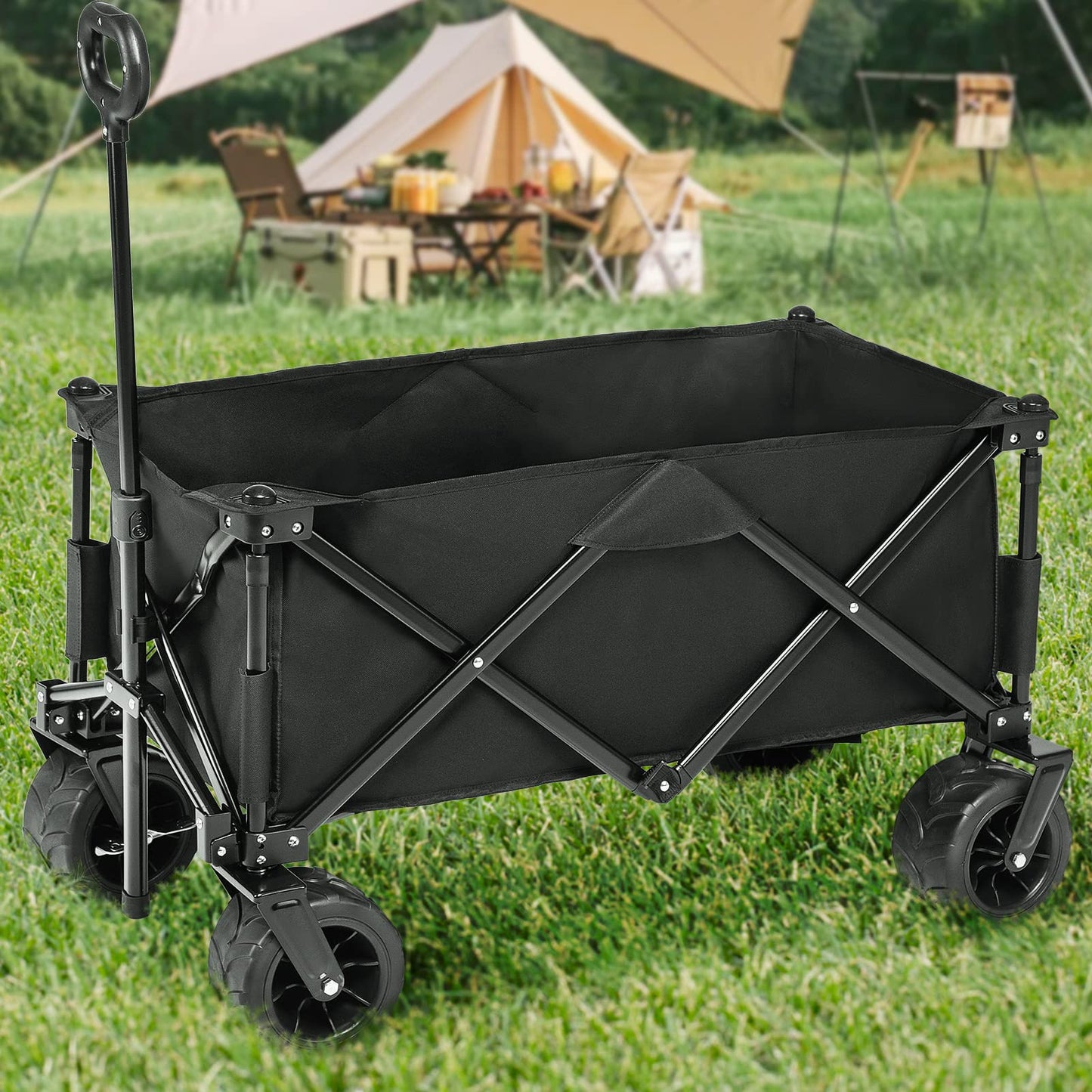 GARVEE Collapsible Outdoor Utility Wagon Cart Heavy Duty Foldable Beach Wagon With Big Wheels