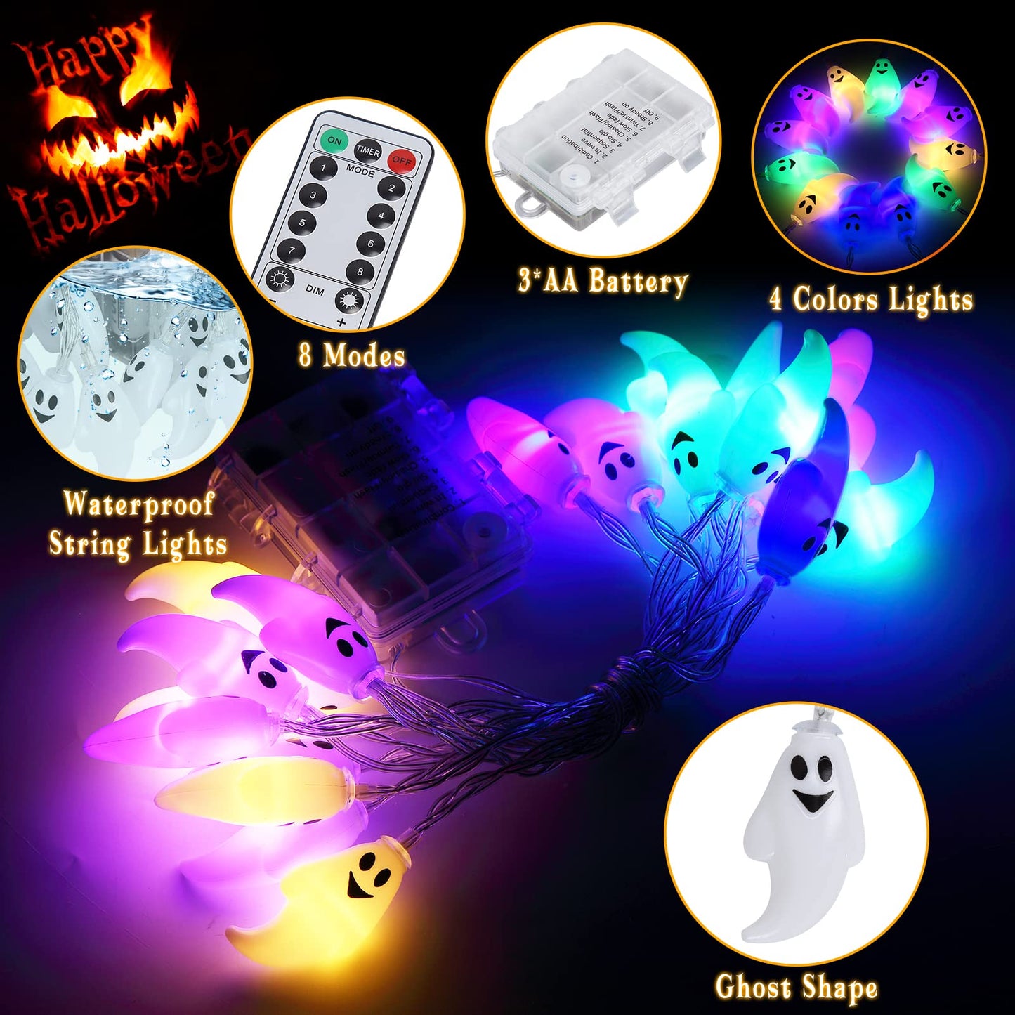 WHIZMAX 20 LEDs Halloween Ghost String Lights 11.8ft