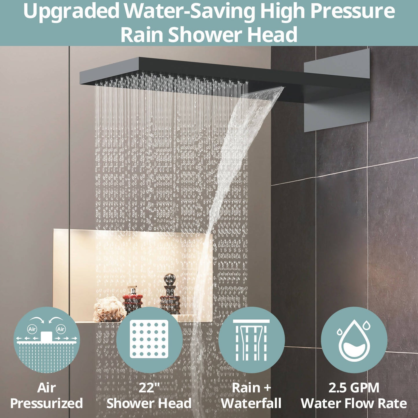 RelaxaJet 22" High-Pressure 3 Function Rainfall Shower Faucet, Wall Mount, Rough in-Valve, 2.5 GPM