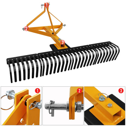 Garvee Heavy Duty Landscape Rock Rake 3 Point Attach 5 FT Tow Behind Garden Tractor Rotatable Rake