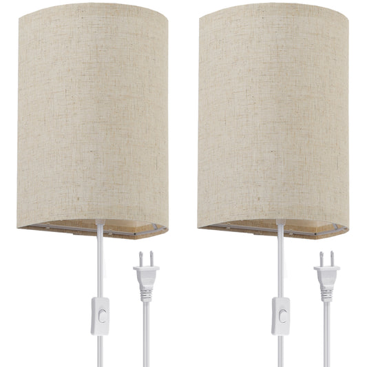 1-Light Off-White Fabric Round LED Wall Sconce with Bulbs (2-Pack)