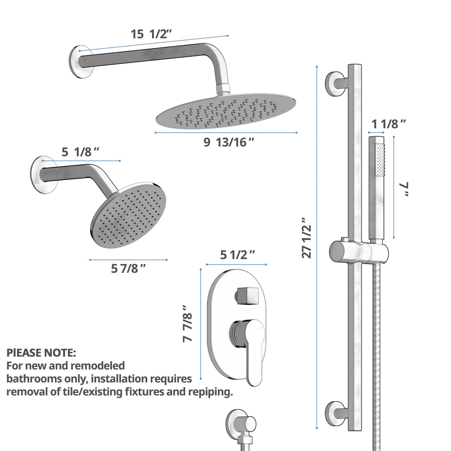 DualJetSpa 10" High-Pressure Rainfall Shower Faucet with Handheld Spray, Wall Mount, Rough in-Valve