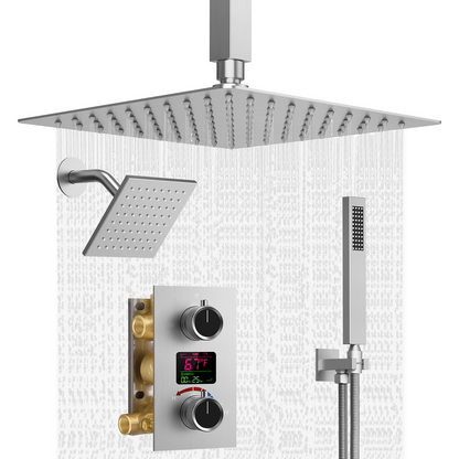 DualCascade 12" High-Pressure Rainfall Shower Faucet, Ceiling Mount, Rough in-Valve, 2.5 GPM