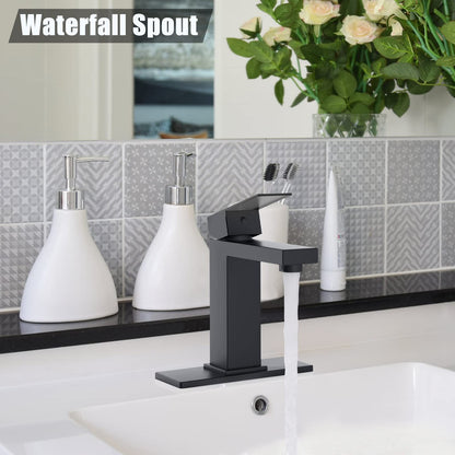 GARVEE Matte Black Bathroom Sink Faucet for 1 or 3 Hole Pop Up Drain Stopper & Water Supply Hoses No-Lead