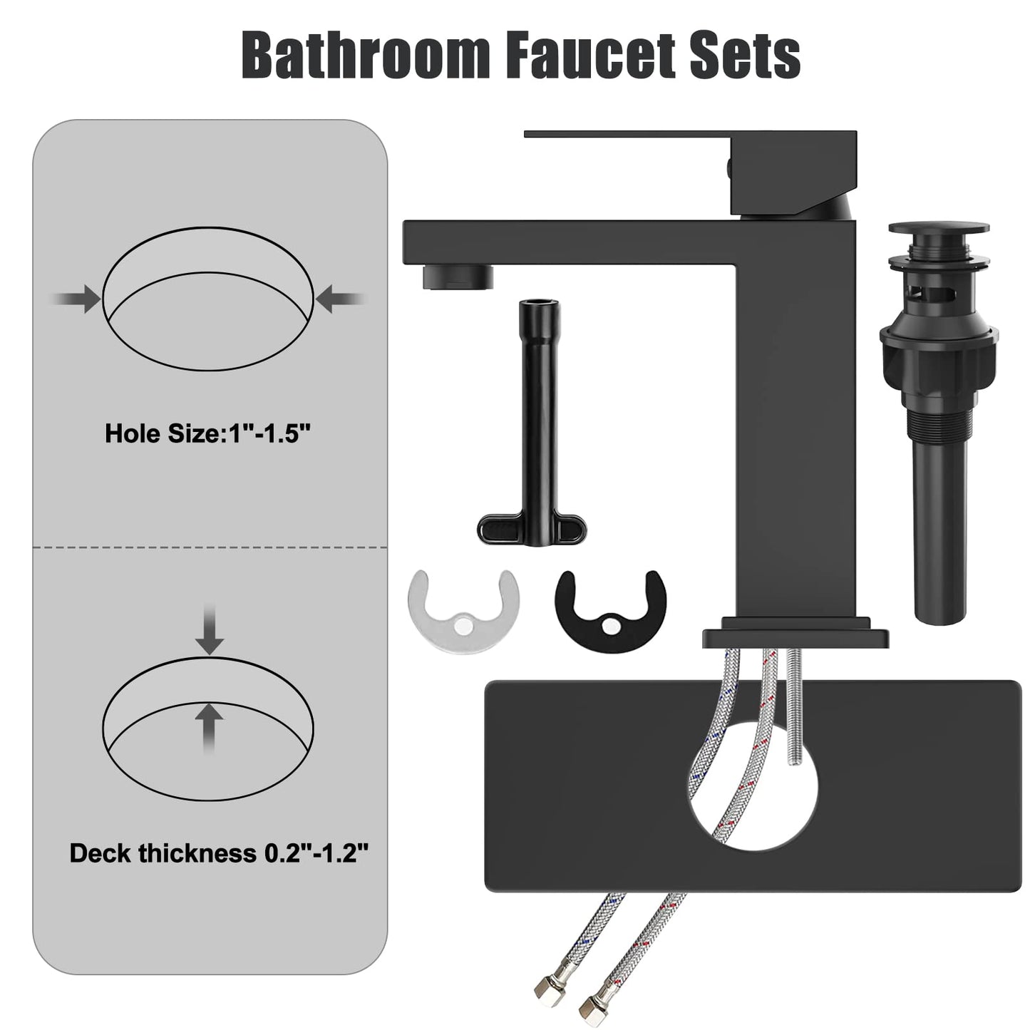 GARVEE Matte Black Bathroom Sink Faucet for 1 or 3 Hole Pop Up Drain Stopper & Water Supply Hoses No-Lead