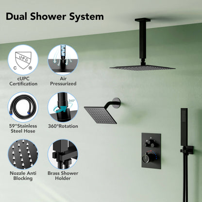 DualCascade 12" High-Pressure Rainfall Shower Faucet, Celling Mount, Rough in-Valve, 2.5 GPM
