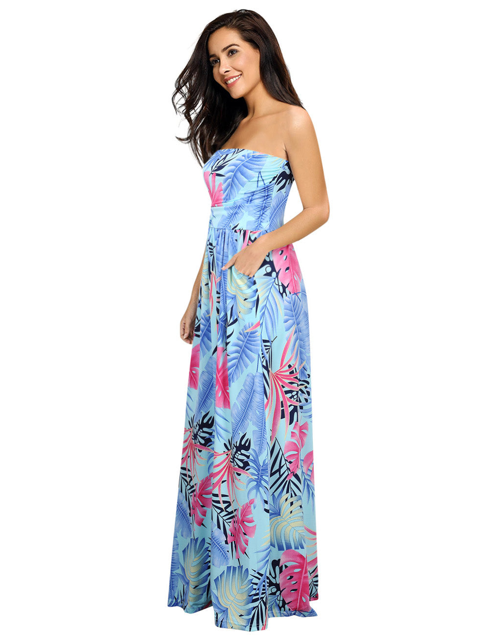 YESFASHION Women's Strapless Backless Summer Tropical Dress