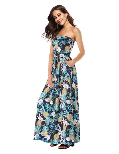 YESFASHION Women's Strapless Graceful Floral Party Maxi Long Dress Black