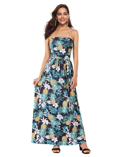 YESFASHION Women's Strapless Graceful Floral Party Maxi Long Dress Yelllow